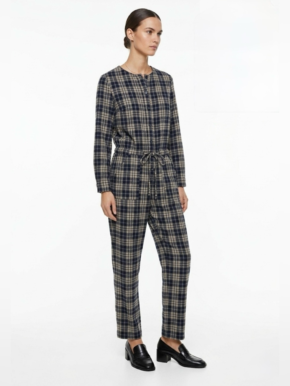 ZARA Trafaluc Plaid Wool Blend Jumpsuit - Blue & Grey Check - Size M